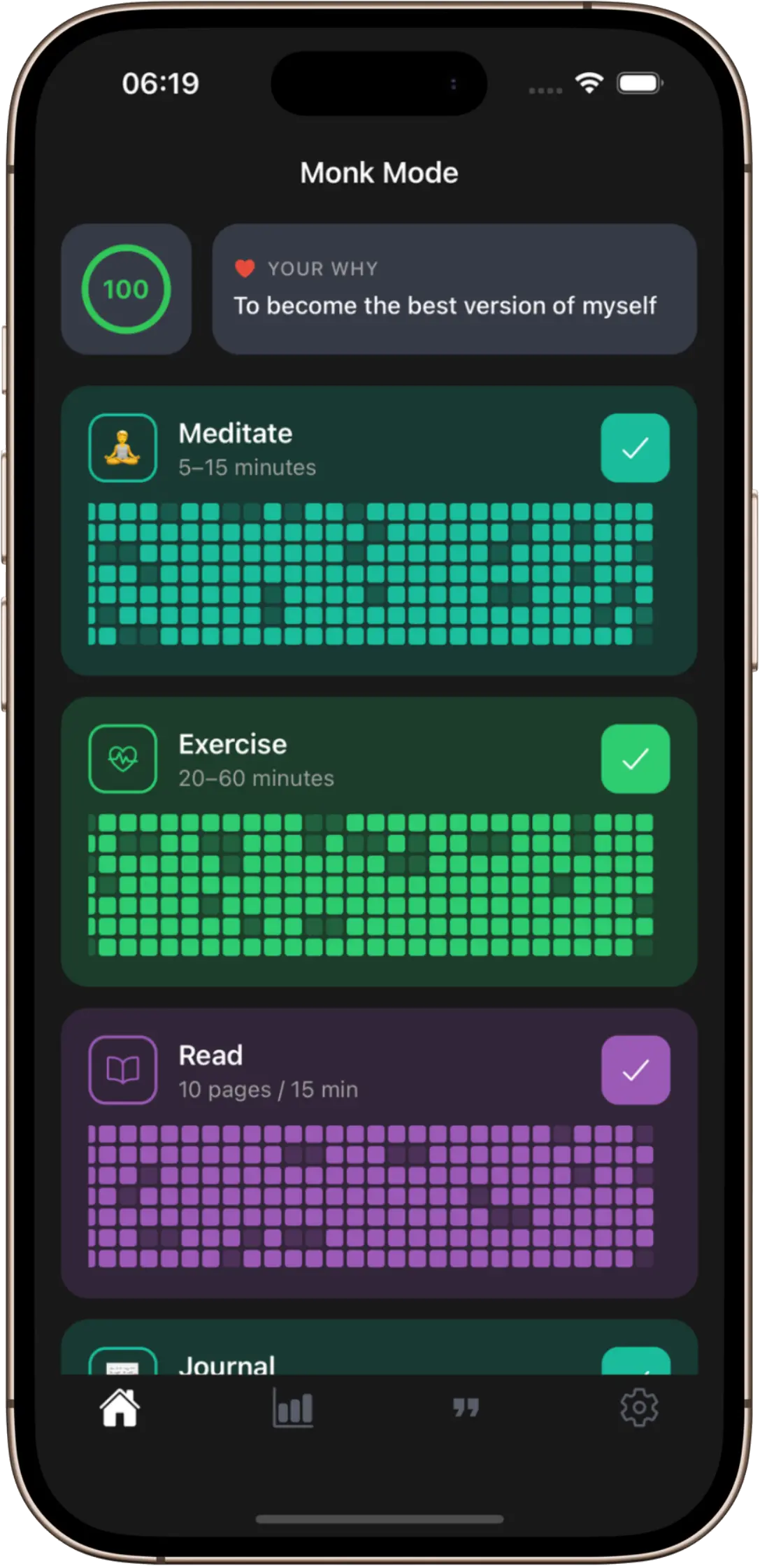 Monk Mode home screen showing the Monk Mode Score and habit streaks